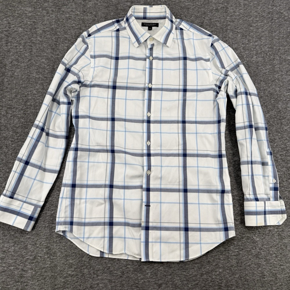 Banana Republic Non Iron Slim Fit Dress Shirt Mens Medium White Blue Windowpane
